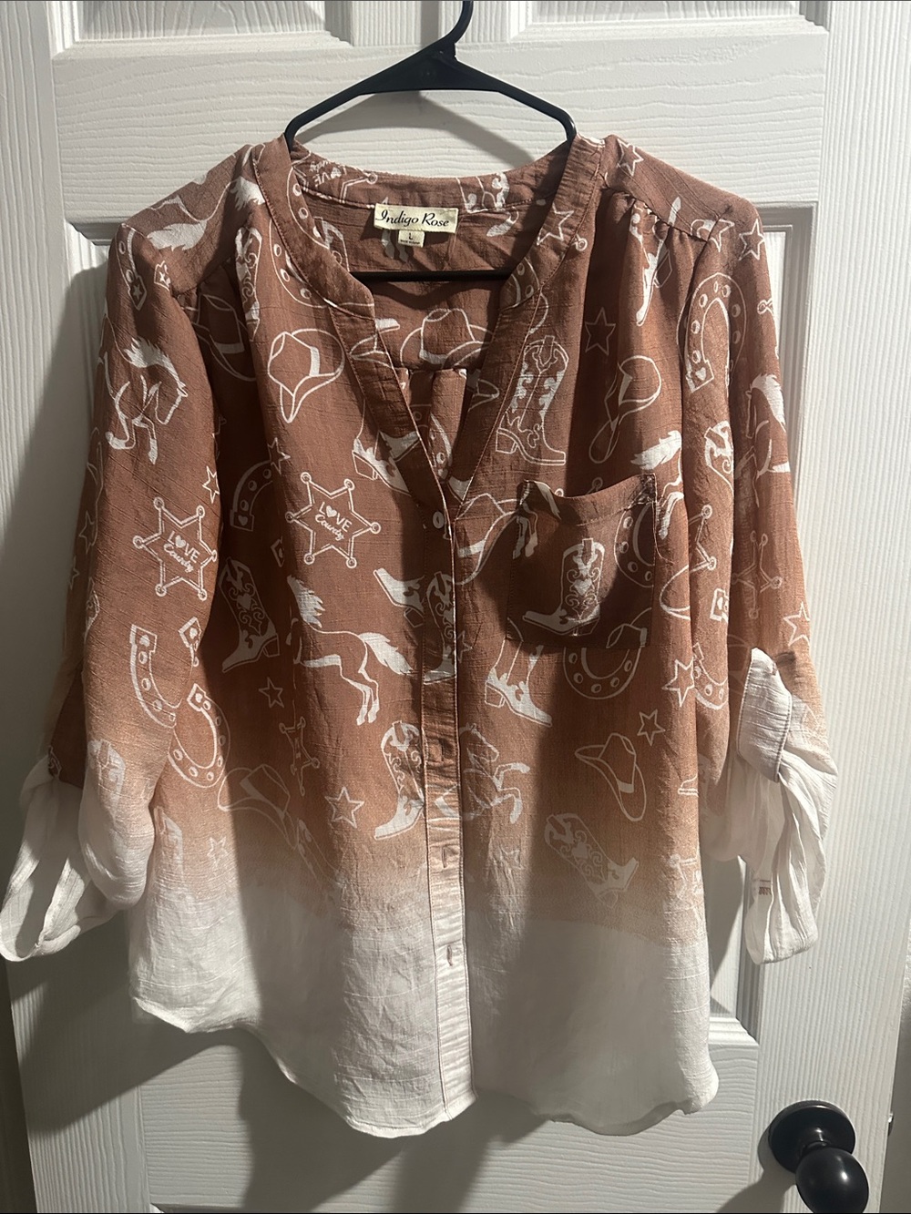 Indigo Rose Girls' Rust-White Ombre Western Print Button-Front Top